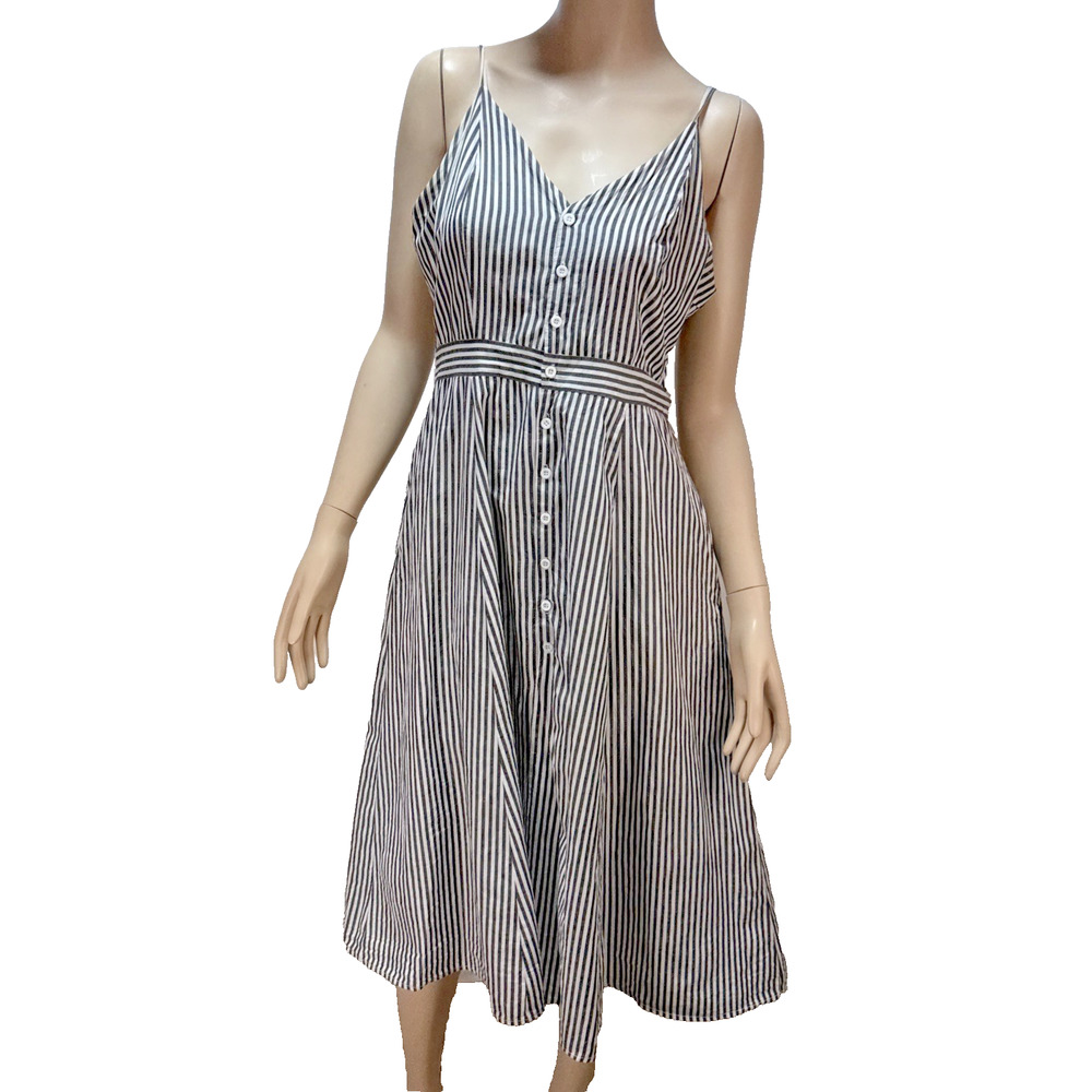 Farrow Black White Stripe Fit Flare Button Front Midi Dress Size M Cotton Pocket